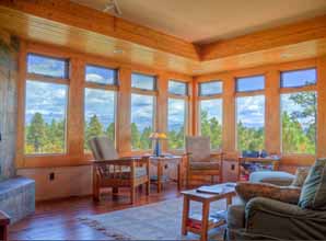 View out the windows of the great room of home in Pagosa Springs, CO